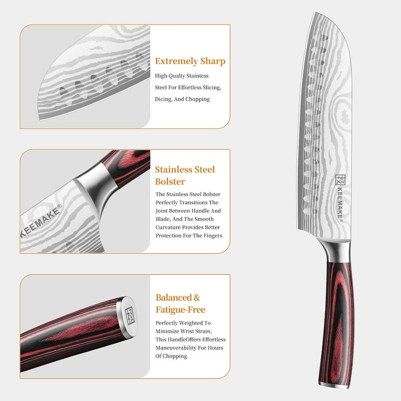 KEEMAKE 7 Inch Japanese Santoku Knife, Ultra-Sharp 1.4116 High Carbon Steel Blade with Pakkawood Handle, Professional Chef's Knife for Kitchen w/Sheath and Gift Box - Image 4